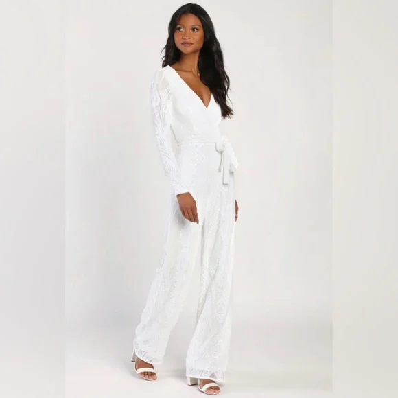 Lulus Magical Muse White Sequin Long Sleeve Wide-Leg Jumpsuit
